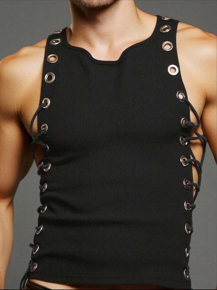 Men's Solid Color Eyelet Lace-Up Tank Top